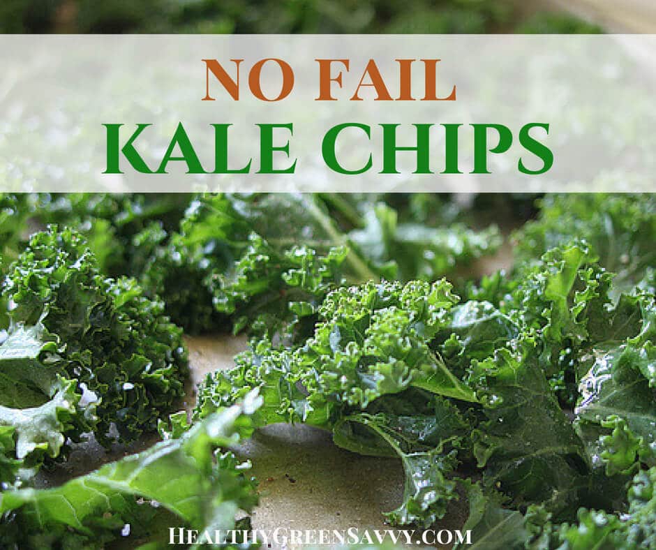 cover photo of baked kale chips recipe with title text