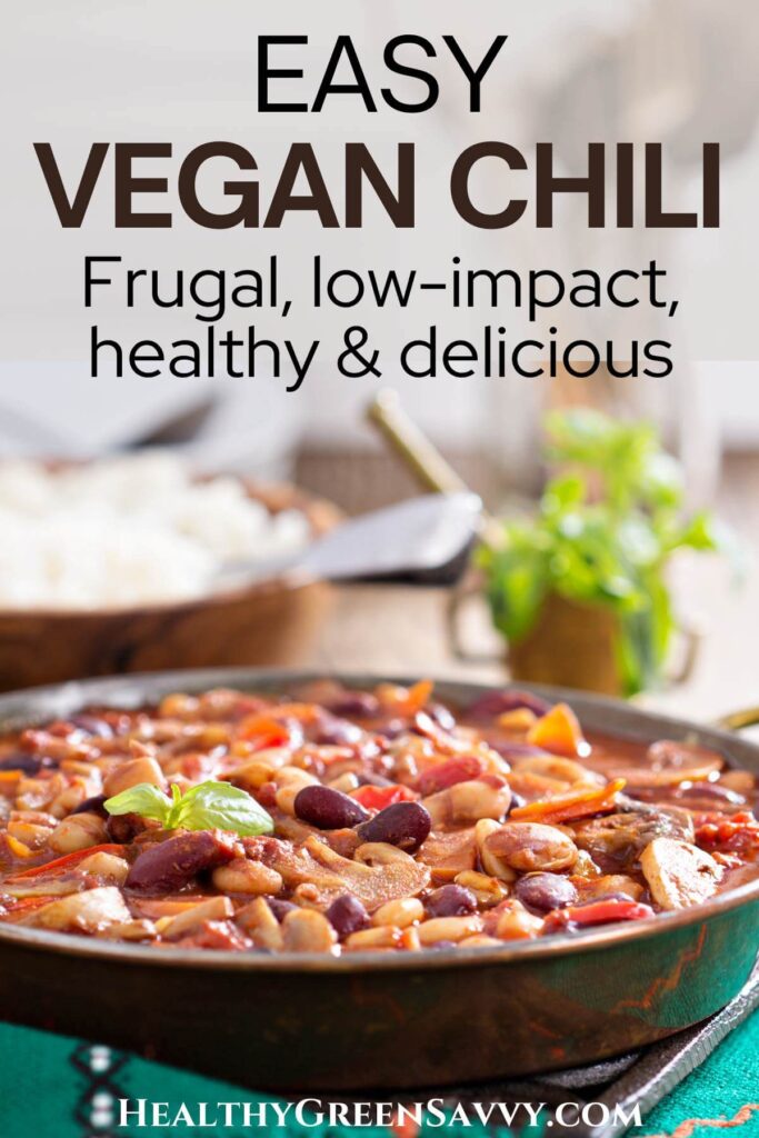 pin with photo of vegetarian chili in pot with title text overlay