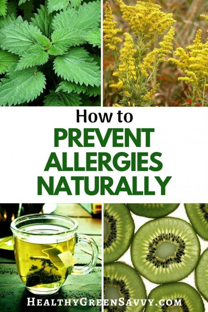 pin with title text and photos of allergy-preventing foods like nettle, goldenrod, green tea, and kiwis