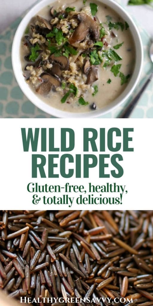 Pin with photos of bowl of wild rice mushroom soup and loose uncooked wild rice with tite text 