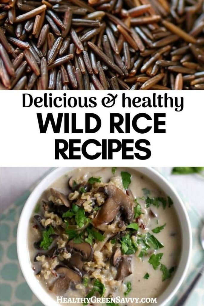 Pin with photos of bowl of wild rice mushroom soup and loose uncooked wild rice with tite text
