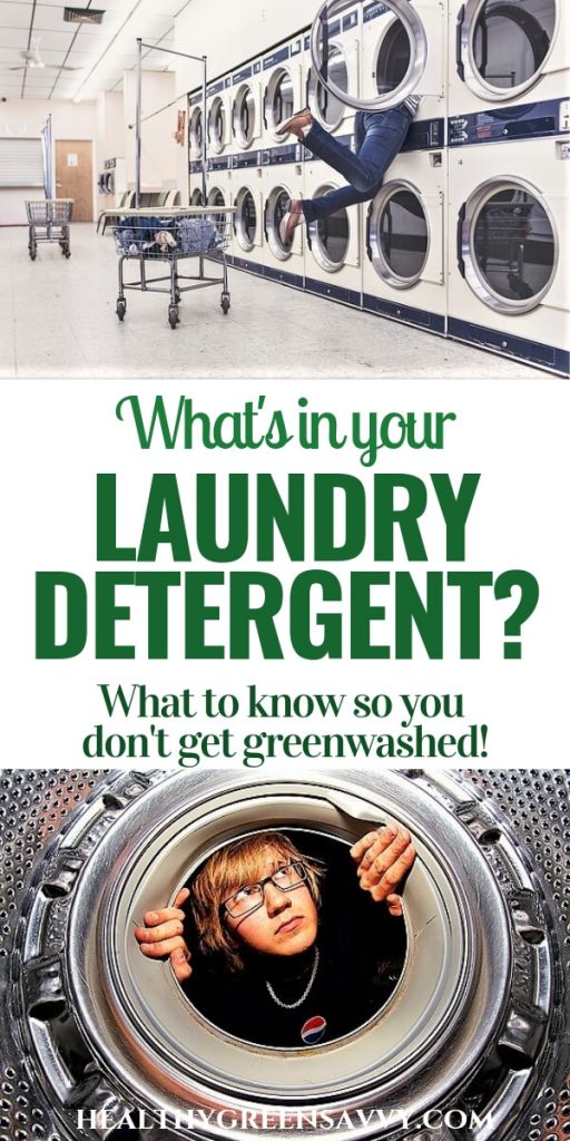 natural laundry detergent -- pin with photos of landromat and woman peering in to front load washer