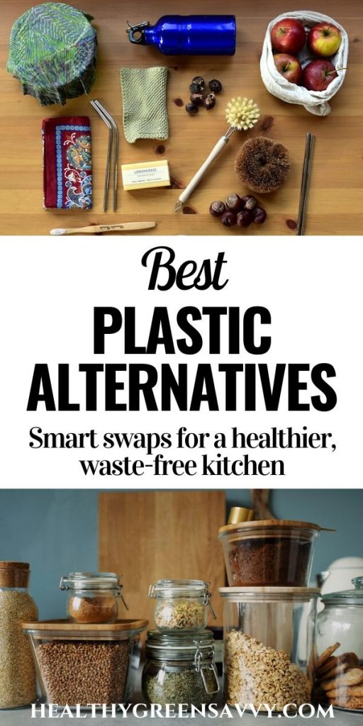 pin with photos of non-plastic tools like metal water bottle and straws, glass jars plus title text 