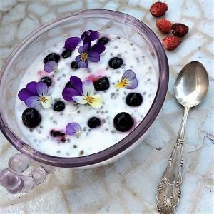 photo of edible wild violets as garnish on bowl of yogurt and berries