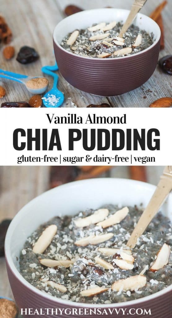 chia pudding recipe -- pin photos of chia pudding in bowl and title text