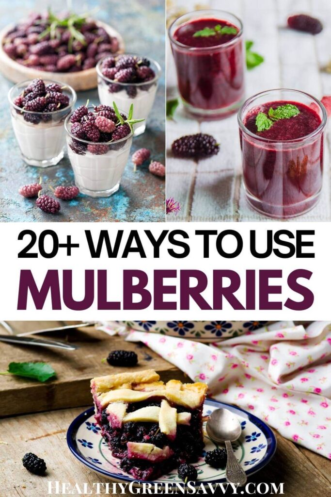 pin with photoes of 3 delicious mulberry recipes: mulberry parfait, mulberry juice, and mulberry pie