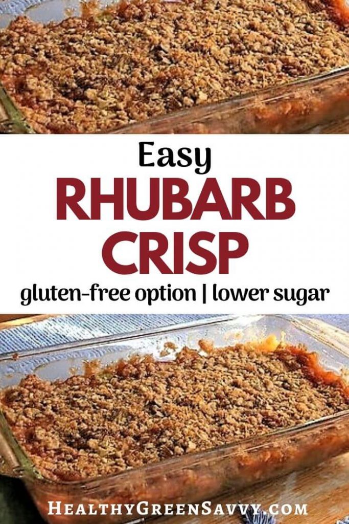 pin with photo of rhubarb crisp in pan with title text