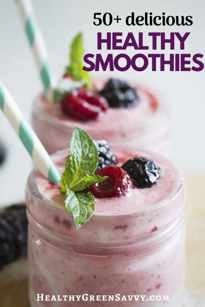 pin with photo of triple berry healthy smoothies with title text overlay