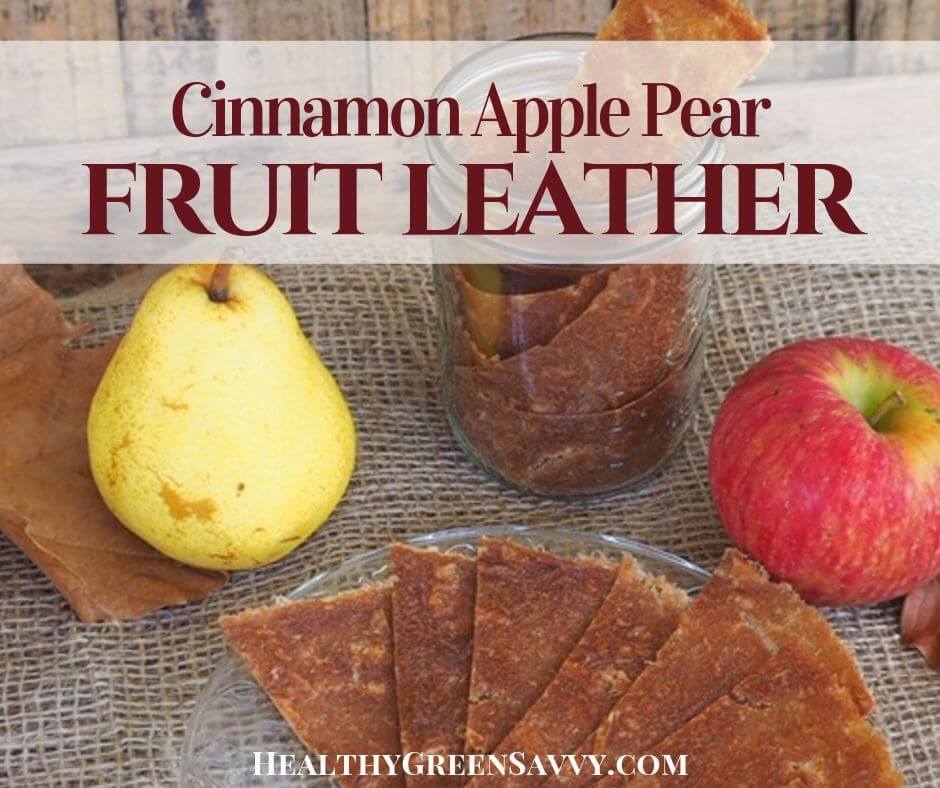 cover photo of apple pear fruit leather on plate with title text