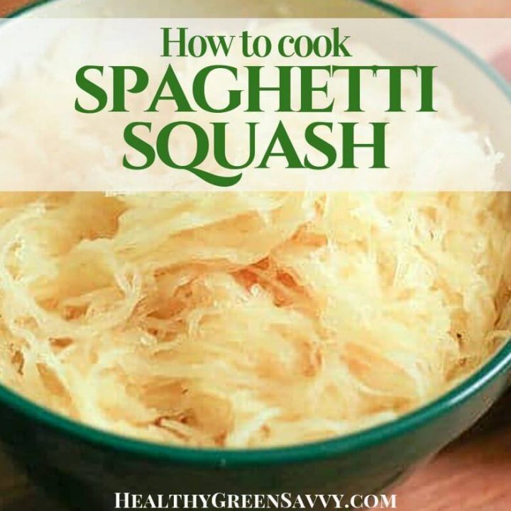 cover photo of cooked spaghetti squash in bowl with title text overlay