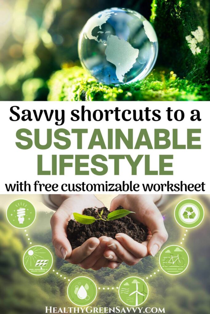 pin with photos small model of Earth and hands holding soil and seedling with sustainability symbols and title text (shortcuts to sustainable living)