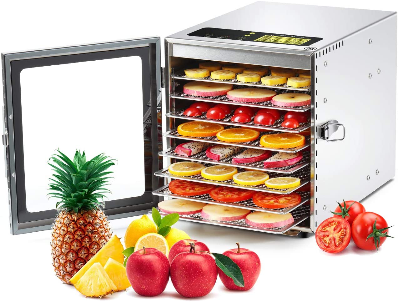 photo of stainless steel dehydrator filled with sliced fruit