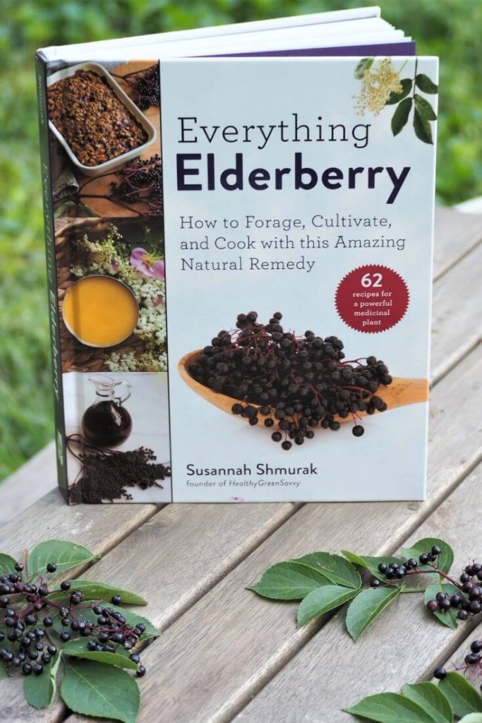 photo of my new book, Everything Elderberry, on a table with berry clusters