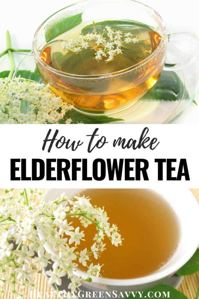 pin with photos of cup of elderflower tea with sprays of elderflowers