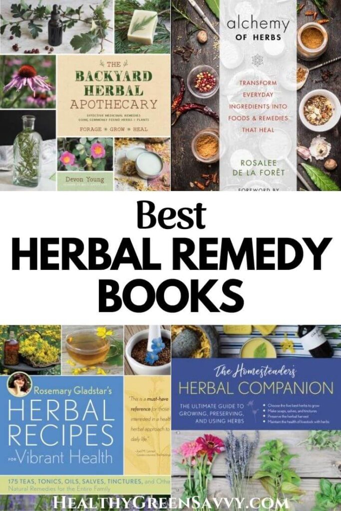 pin with collage of photos of covers of best herbalism books