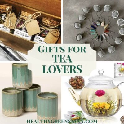photo collage of gifts for tea lovers: loose tea, strainers, handmade teacups and glass teapot