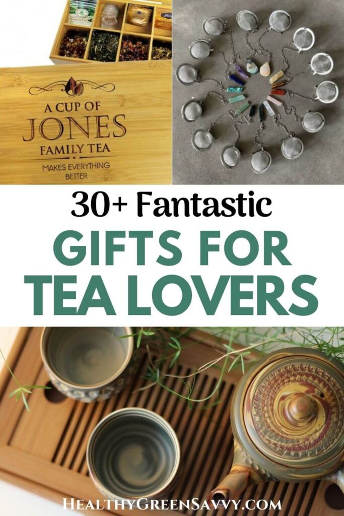 pin with collage of photos for tea lovers, including a personalized wooden tea caddy, tea strainers, and a china teapot and teacups