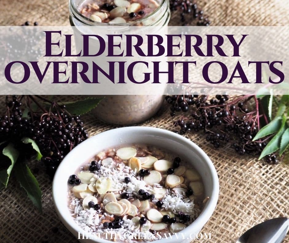 cover photo of healthy overnight oats recipe with elderberry and title text overlay