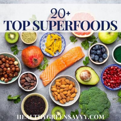 cover photo with top superfoods arranged on countertop