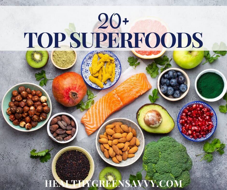 cover photo with top superfoods arranged on countertop