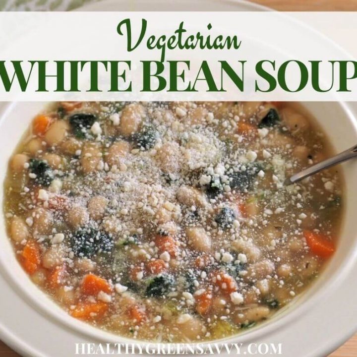 cover photo of bowl of vegan white bean soup with title text overlay