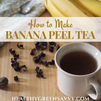 cover photo of banana tea for sleep recipe in cup with dried banana peels and nutmeg