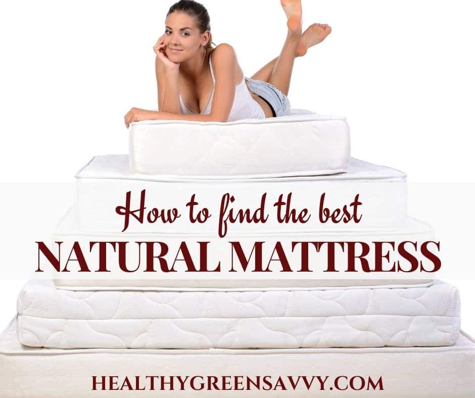 photo of woman on top of pile of mattresses with title text (how to find the best organic mattress