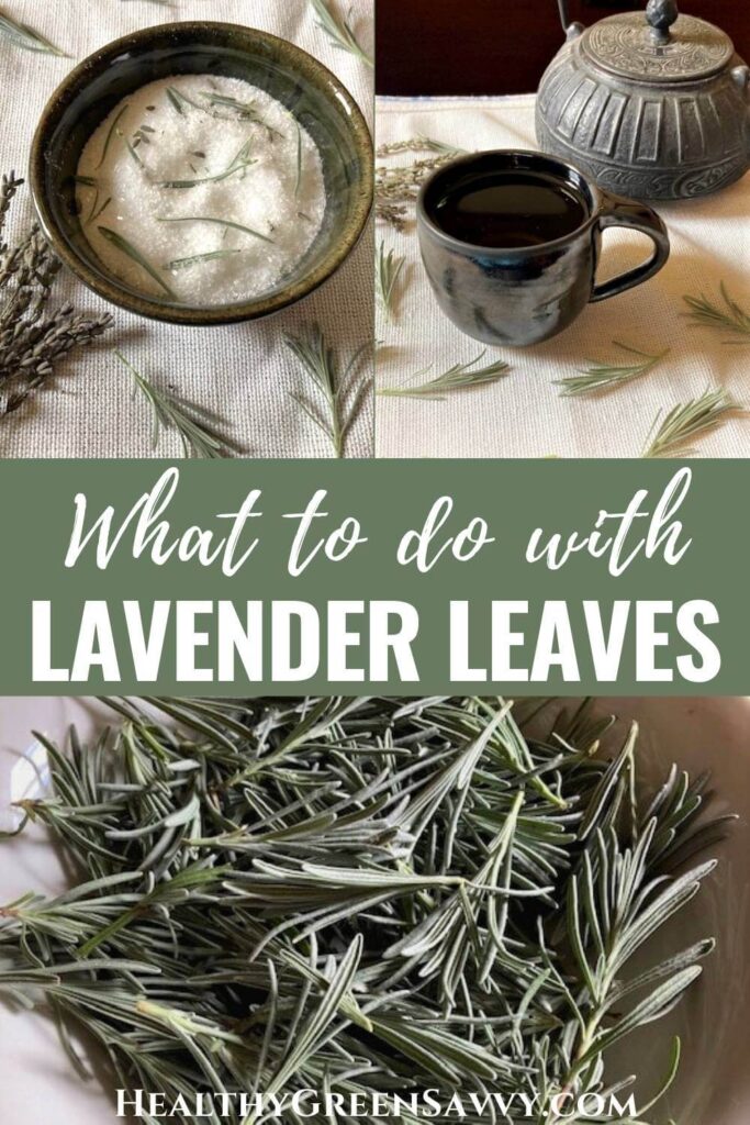 pin with photos of lavender leaves mixed in bath salts, brewed into tea, and drying in bowl with title text (what to do with lavender leaves)