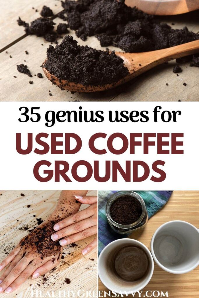 pin with photos of coffee grounds uses as hand scrub and stain remover