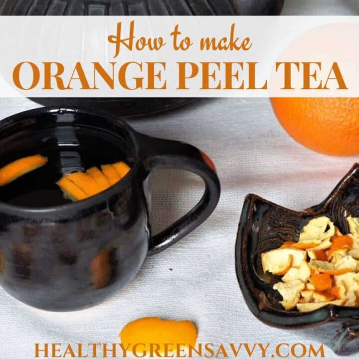 cover photo of orange peel tea in cup with dried orange peels and teapot plus title text