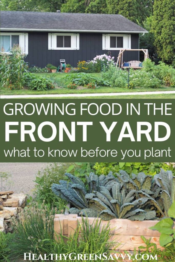 pin with photos of front yard vegetable garden and raised garden bed with kale and herbs growing plus title text