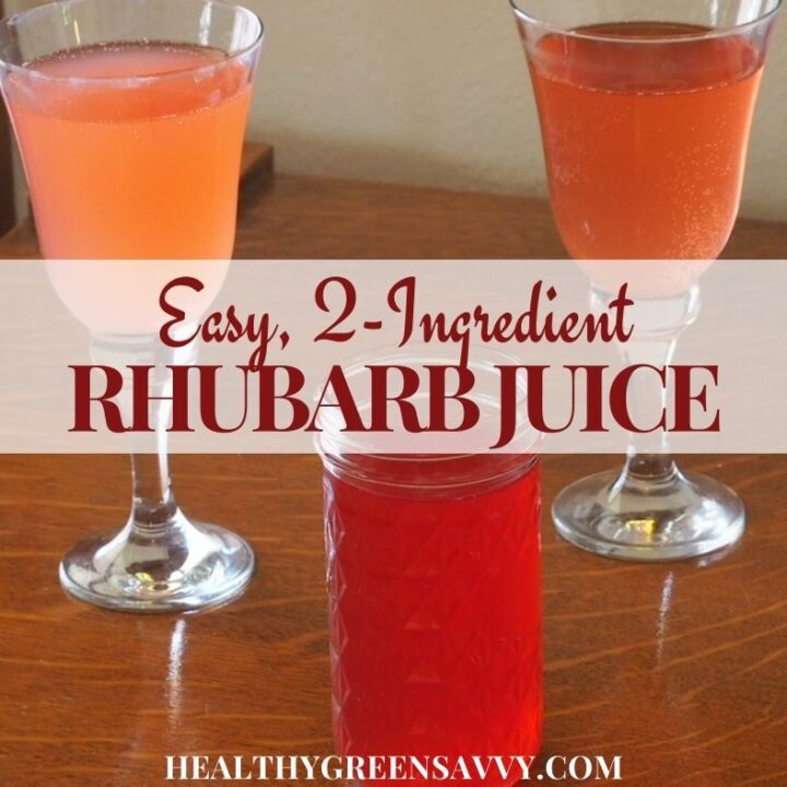 cover photo of rhubarb juice in jar and goblets with title text overlay