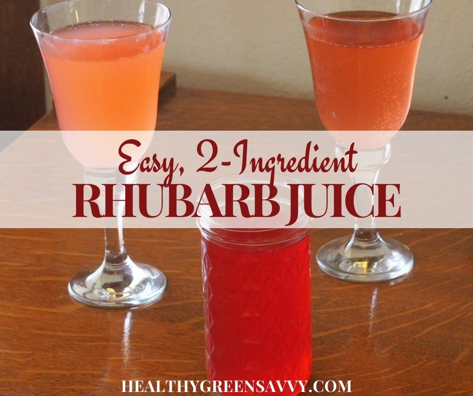 Rhubarb juice is an easy, refreshing, & healthy drink made with just two ingredients. Low-carb, low-calories, and absolutely stunning, this simple rhubarb juice is a snap to make, and leaves you with rhubarb you can use in other recipes. #rhubarb #rhubarbrecipes #juice #healthydrinks cover photo of rhubarb juice in jar and goblets with title text overlay