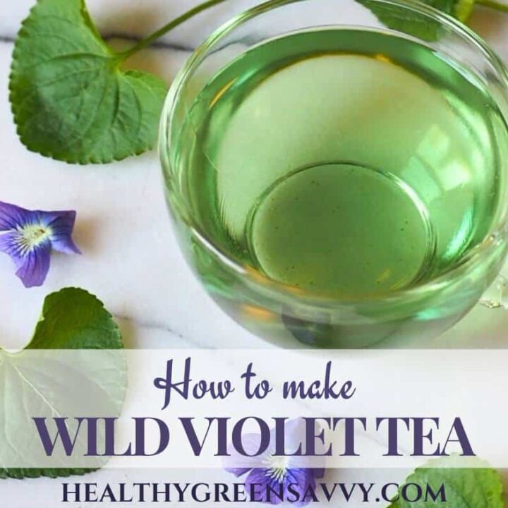 cover photo of wild violet tea in cup on marble background with violet leaves and flowers plus title text