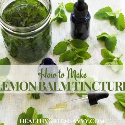 cover photo of lemon balm tincture steeping in jar with fresh lemon balm leaves and tincture bottles on white surface with title text overlay