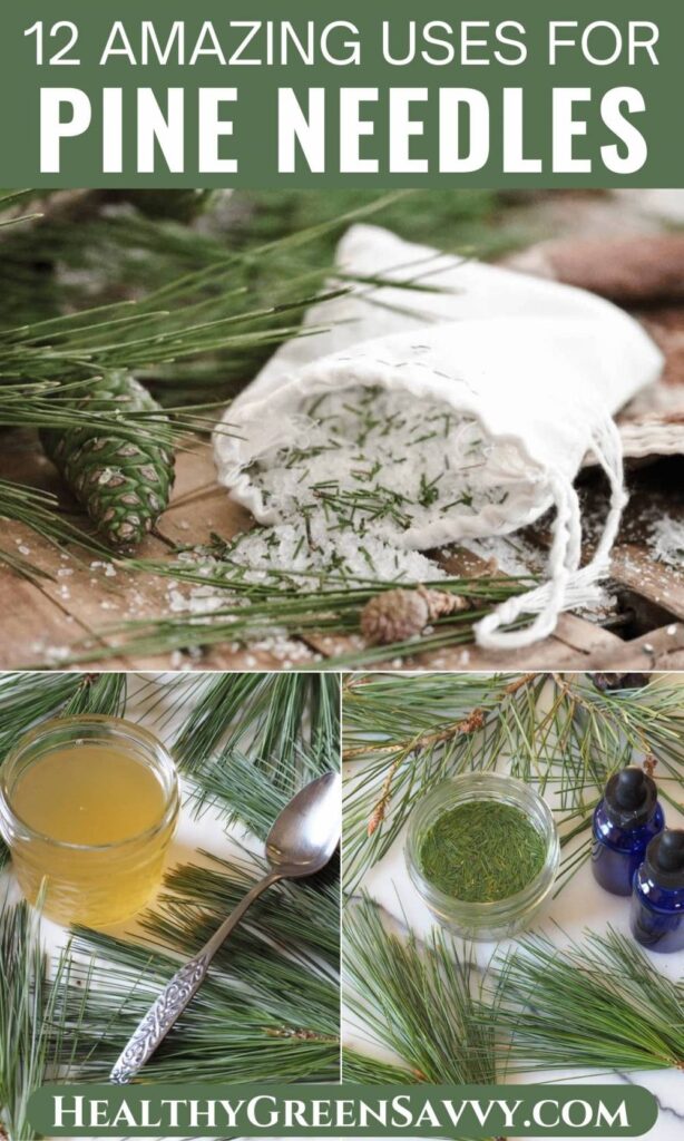 pin with photos of pine needle bath salts, pine syrup, and pine needle tincture