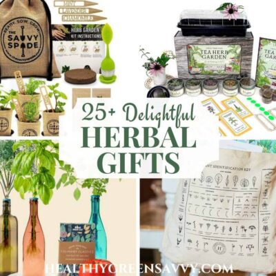 cover collage with photos of herbal gifts: herbal garden kit, tea garden gifts, windowsill grow kit, tote bag printed with herbal information