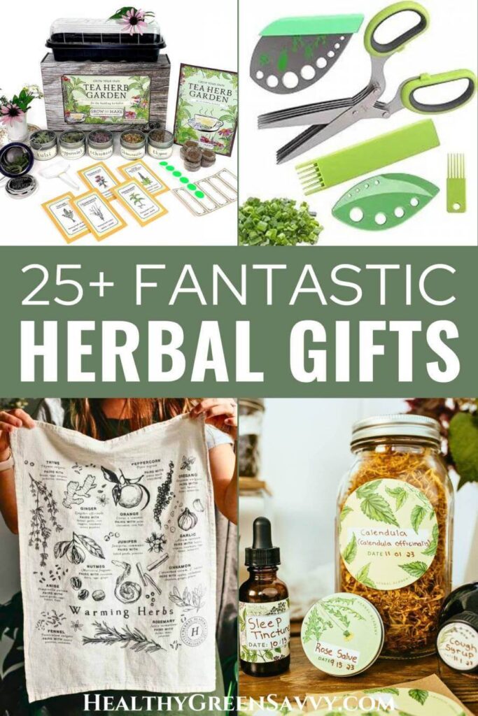 pin with photos of herbal gifts: herbal tea garden kit, herbal scissors and stripper, towel with herbal print, glass jars with herb jar labels,