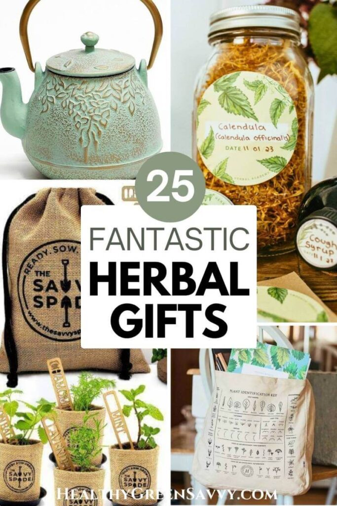 pin with photos of herbal gifts: cast iron tea pot, glass jars with herb jar labels, herbal garden kit, and tote bag with herbal print,