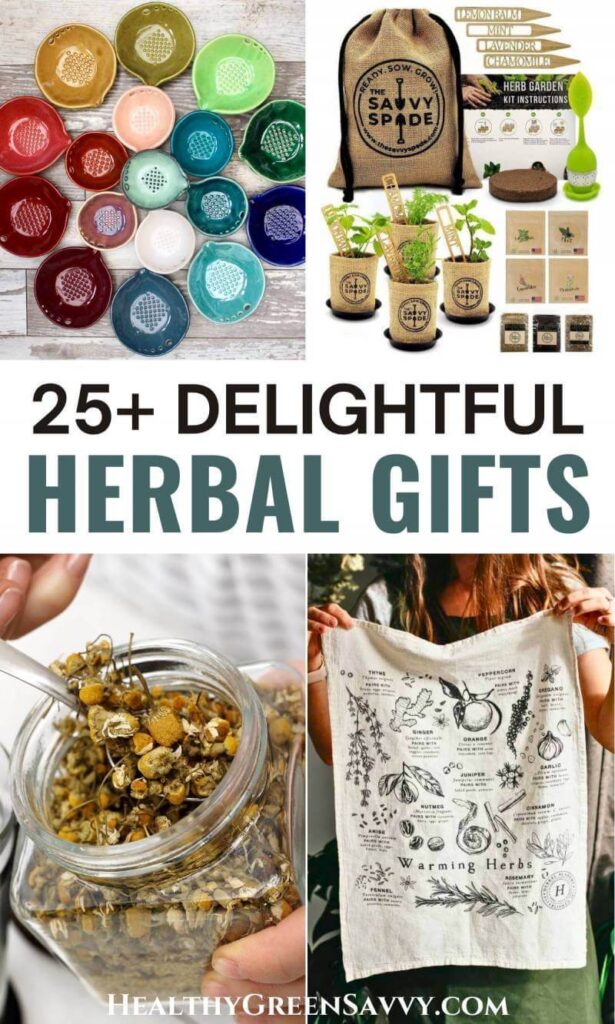 pin with photos of herbal gifts: herb stripper bowls, herbal garden kit, glass jar filled wtih chamomile, and tea towel printed with herbal text and drawings