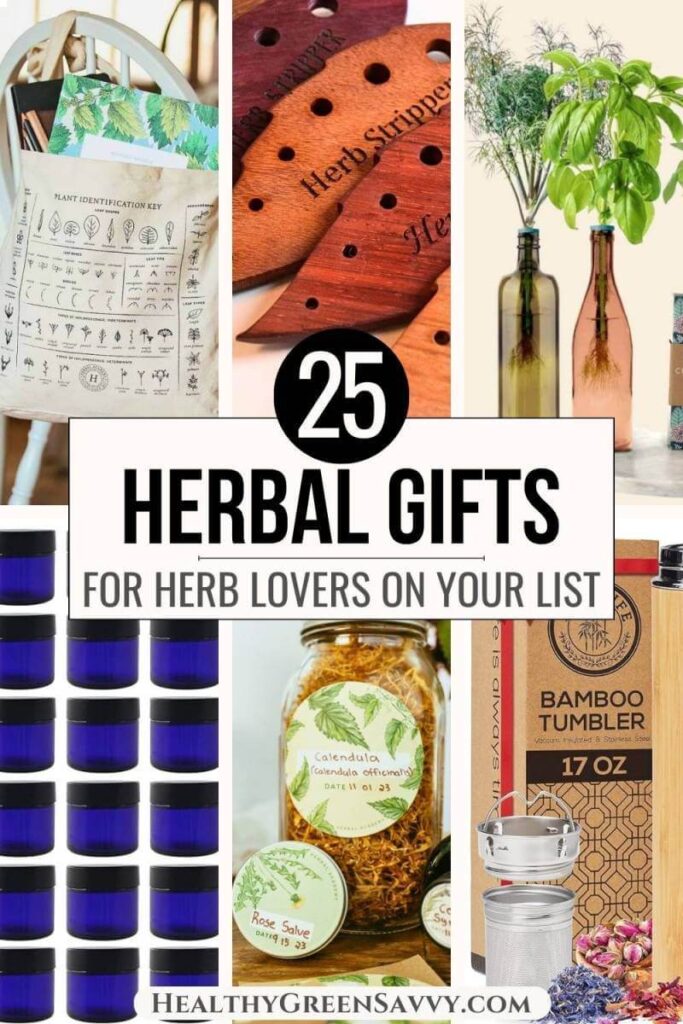 pin with photos of herbal gifts: tote bag with herbal print, wood herb stripper, windowsill herb grow kit, glass jars, herb jar labels, travel mug with infuser