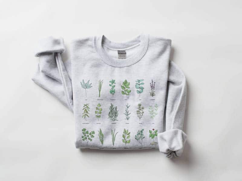 photo of white sweatshirt with plants printed in black