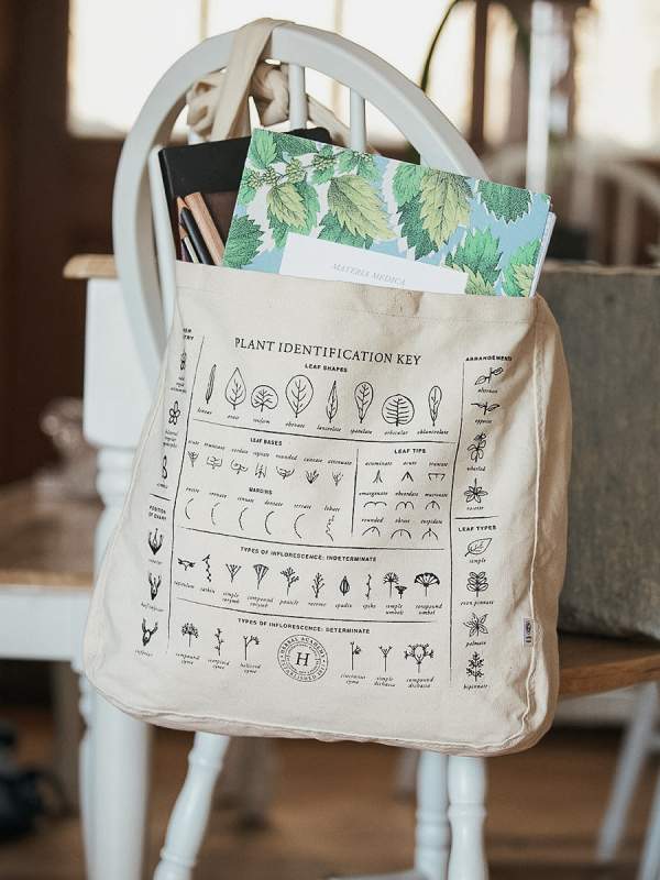 photo of tote bag printed with plant identification key