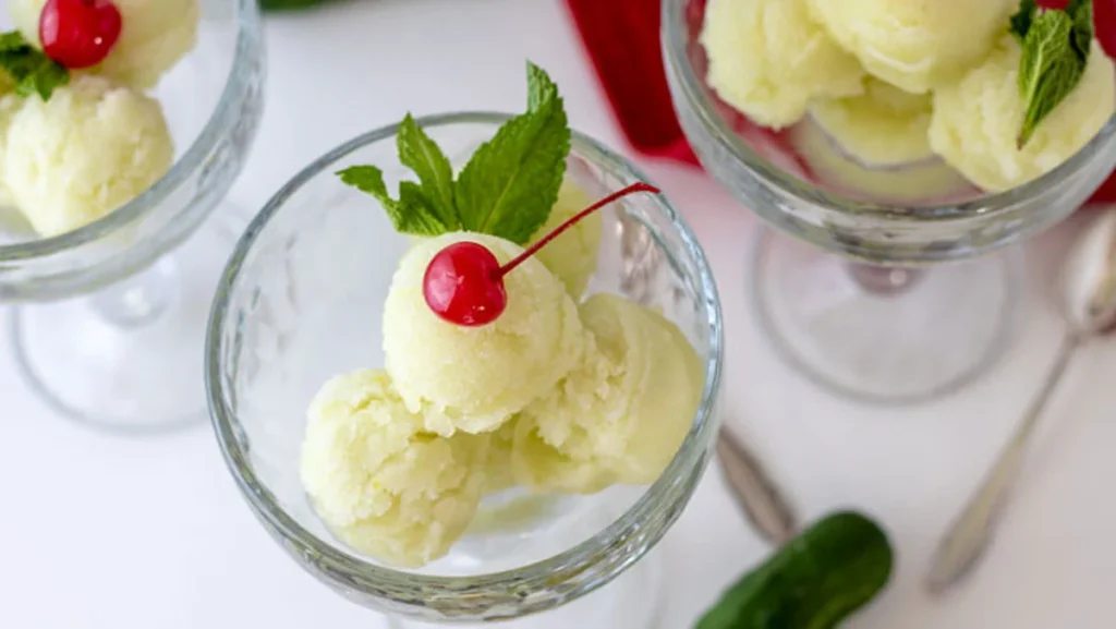 photo of cucumber sorbet in glass dish
