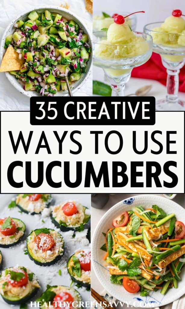 pin with photos of four ways to use extra cucumbers (salsa cucumber sorbet, cucumber salmon bites, and cucumber salad with tofu) plus title text