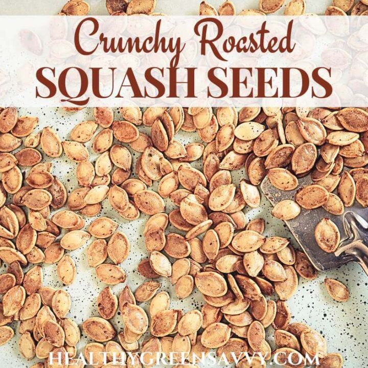 cover photo of roasted squash seeds with title text overlay