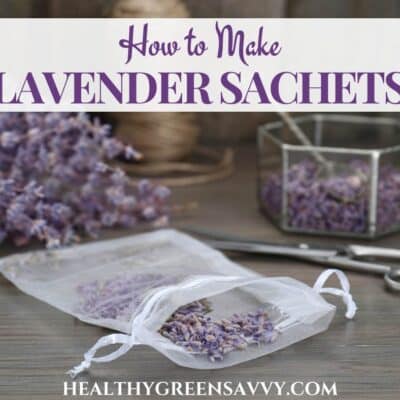 cover photo of DIY lavender sachets getting made with lavender flowers in bag on table and in dish in background with title text overlay