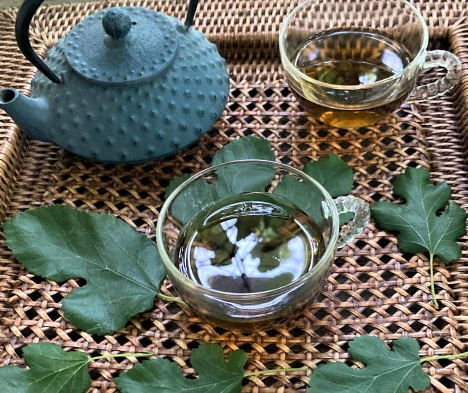 photo of mulberry leaves steeped into tea in glass cup with metal tea pot