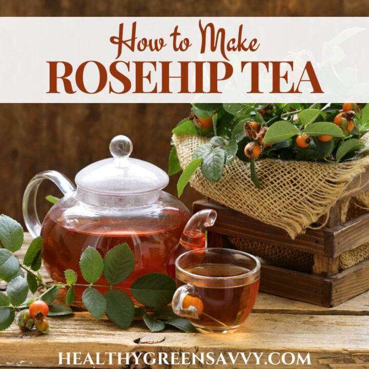 cover photo of rose hip tea brewing in glass pot with fresh rosehips plus title text overlay