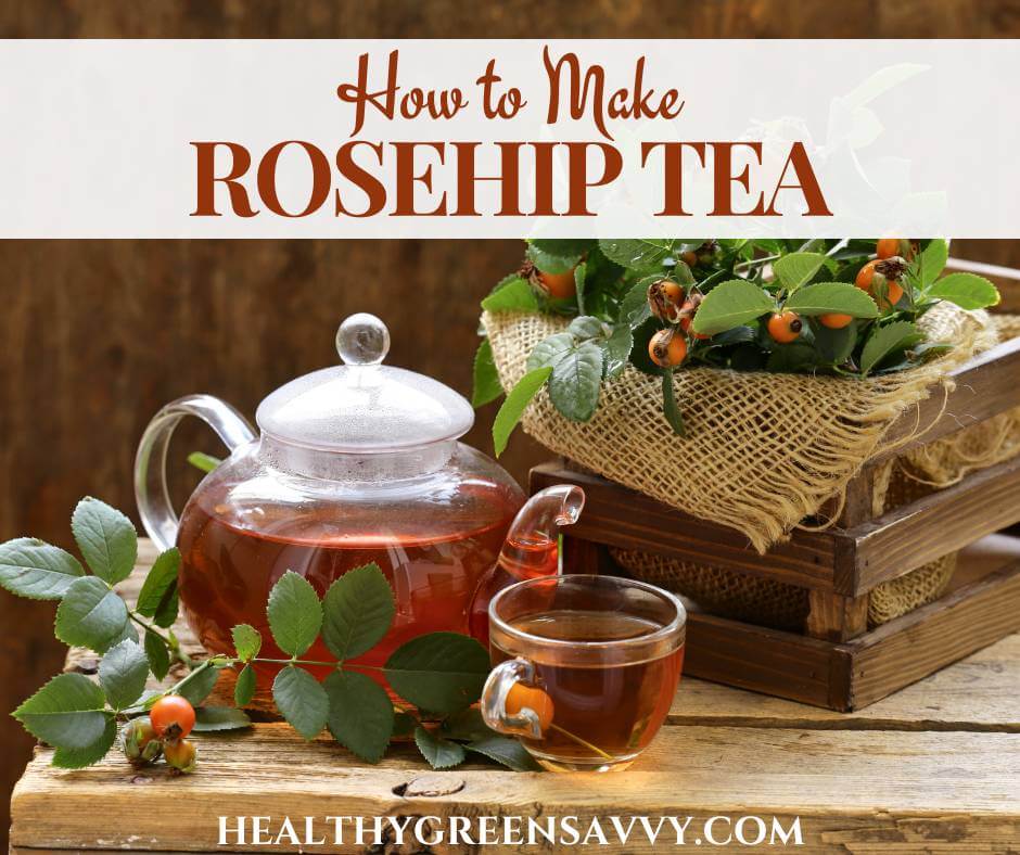 cover photo of rosehip tea brewing in glass pot with fresh rosehiips plus title text overlay